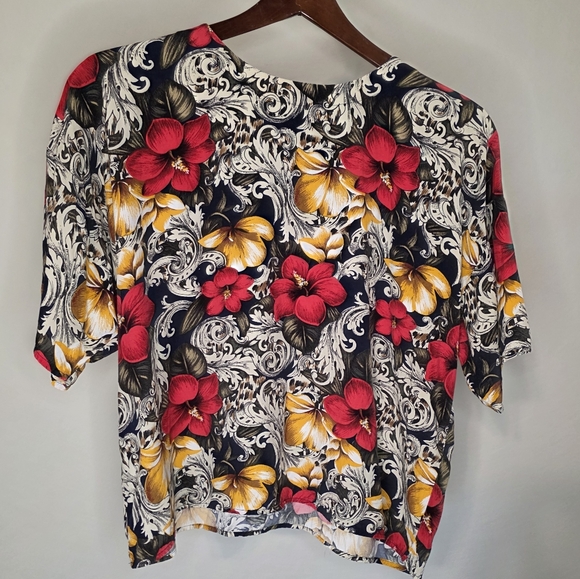 Sara Michelle Tops - Sara Michelle Vintage Floral Blouse – Bold Hibiscus & Scroll Print Top